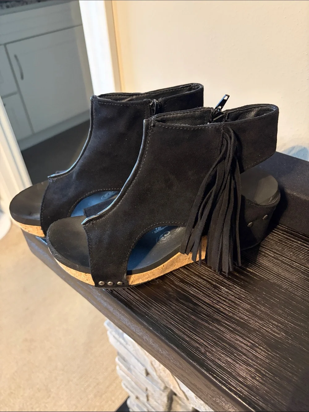 Black Fringe Cork Wedge Sandals